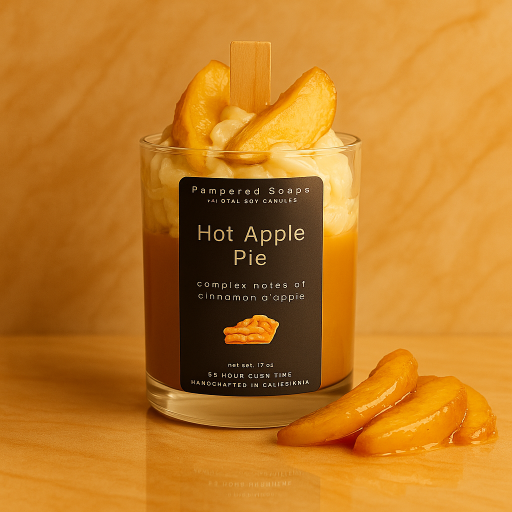 Hot Apple Pie candle with decorative elements on a wooden surface