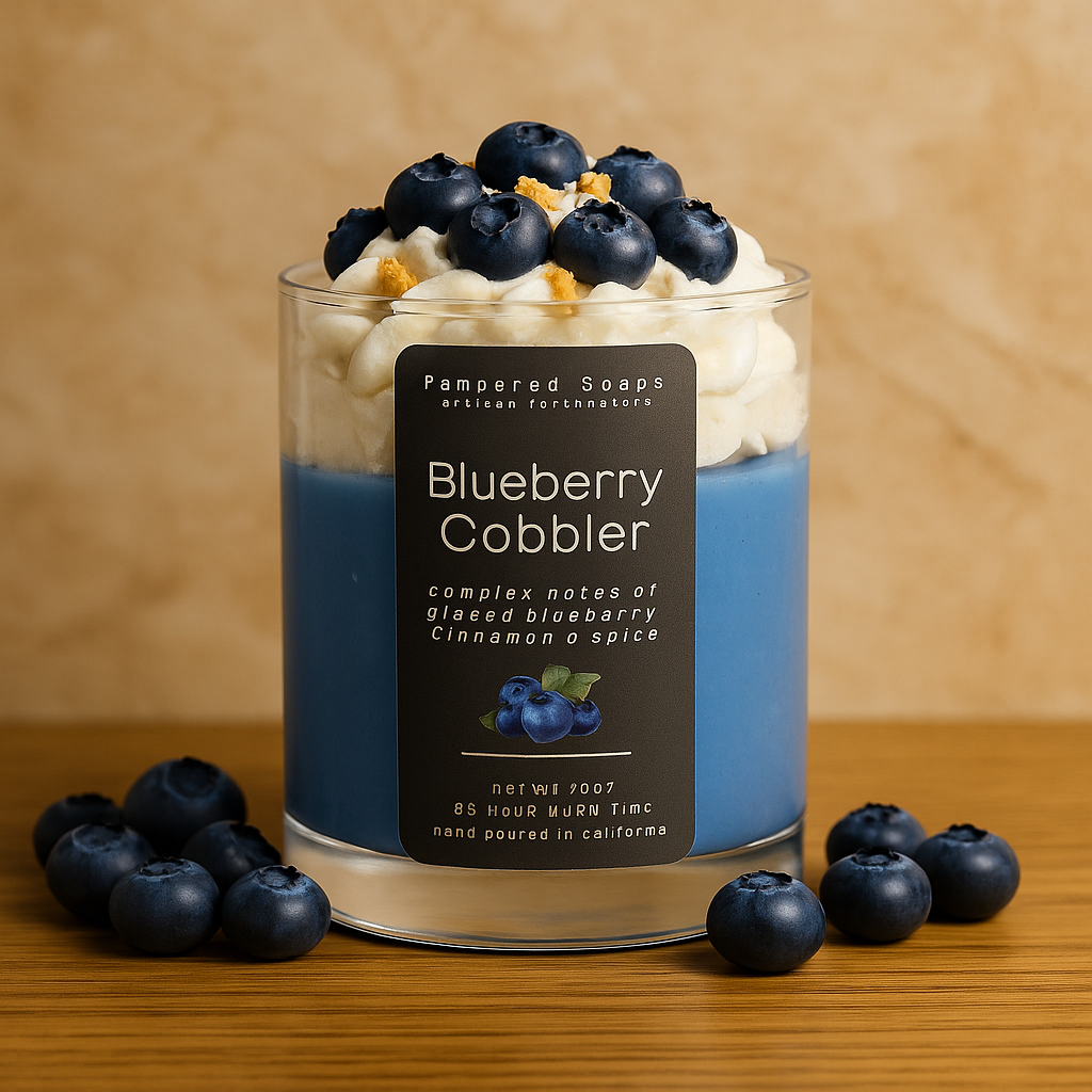 Blueberry Cobbler candle with blueberries on top and a label on a wooden surface