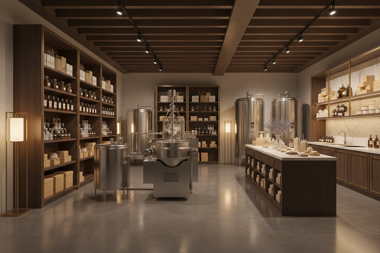 Create a wide, cinematic banner image of a luxury artisan soap manufacturing warehouse. The space should look high-end and modern, with tall ceilings, polished concrete floors, and warm golden lighting. Show a sophisticated production area with a large industrial soap-mixing machine, stainless steel tanks, glass mixing vessels, and shelves filled with premium oils, botanicals, and packaging supplies. Include a dedicated packaging station with elegant jars and boxes arranged neatly. The overall style should 